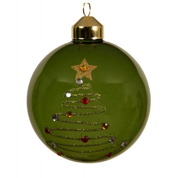 Χριστουγεννιάτικη Γυάλινη Μπάλα Πράσινη με Δεντράκι (8cm)